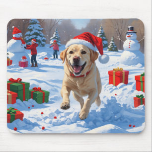 Tapis De Souris Chien Labrador courant dans la neige avec un chape
