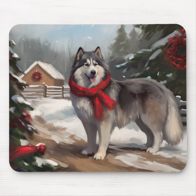 Tapis De Souris Chien malamué de l'Alaska en Noël de neige (Devant)