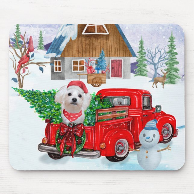 Tapis De Souris Chien maltais en livraison de Noël Camion Neige (Devant)