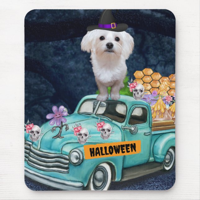 Tapis De Souris Chien maltais Halloween Camion Effrayant nuit (Devant)