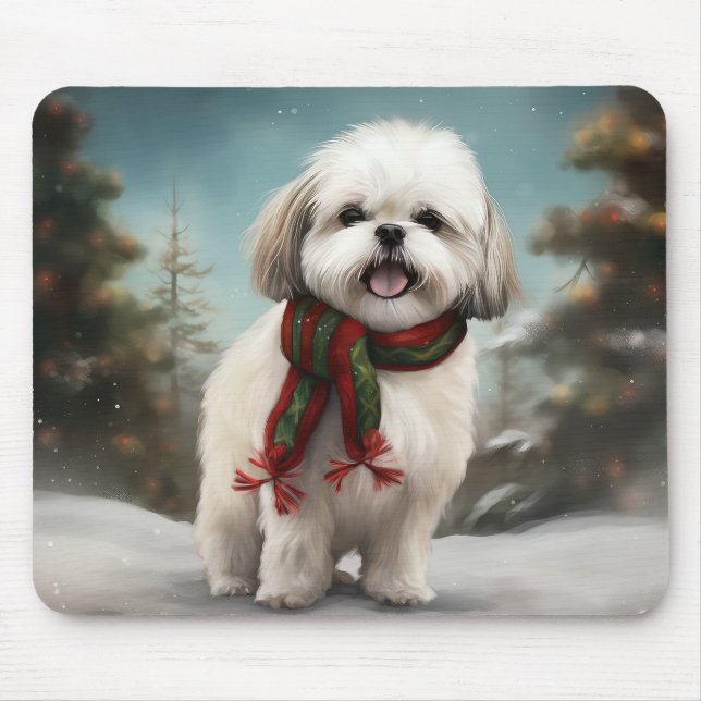 Tapis De Souris Chien Malti Tzu à Noël de neige (Devant)