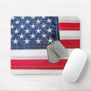 Tapis De Souris Chien Militaire Tags Sur Drapeau Américain