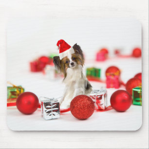Tapis De Souris Chien Papillon Mignon Chapeau de Noël de Santa