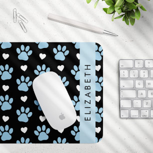 Tapis De Souris Chien Paws, Blue Paws, White Hearts, Votre Nom