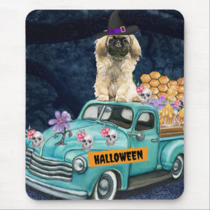 Tapis De Souris Chien Pékinois Halloween Camion Nuit Effrayante  