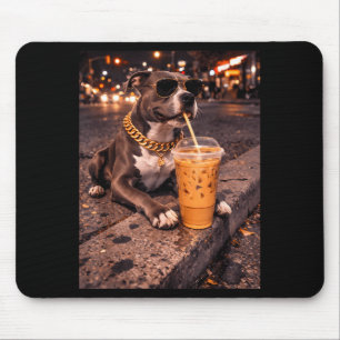 Tapis De Souris Chien Pitbull Drôle Et Cool Buvant Du Café Glacé A