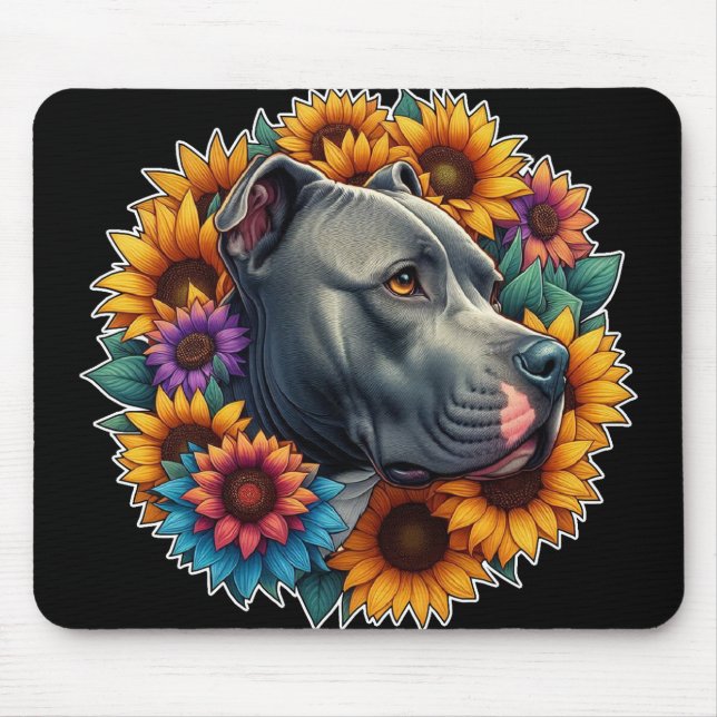 Tapis De Souris Chien Pitbull entouré de tournesols vibrants (Devant)