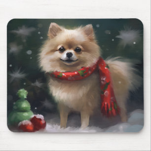 Tapis De Souris Chien Poméranie dans la neige Noël