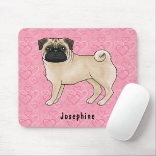 Tapis De Souris Chien Pug Faon Mignon et coeurs roses avec nom