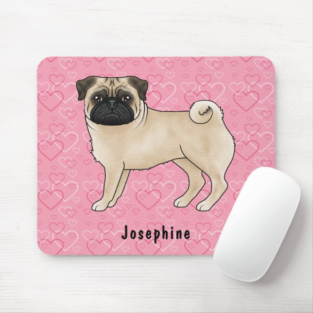 Tapis De Souris Chien Pug Faon Mignon et coeurs roses avec nom (Avec souris)