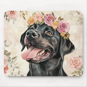 Tapis De Souris Chien Retriever Labrador Noir Fleur Rose Pêche