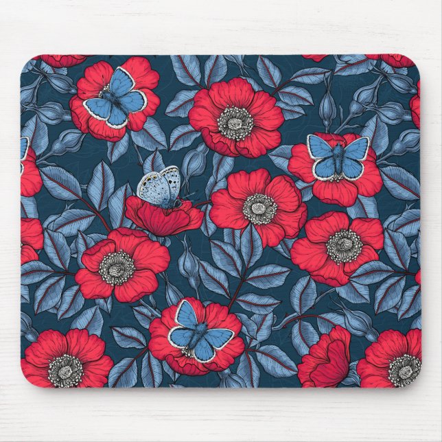 Tapis De Souris Chien rose et papillons en bleu et rouge (Devant)
