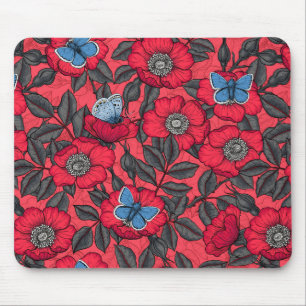 Tapis De Souris Chien rose et papillons en rouge et bleu