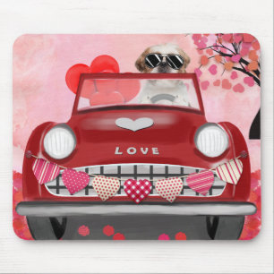 Tapis De Souris Chien Shih Tzu Voiture avec coeurs Saint-Valentin