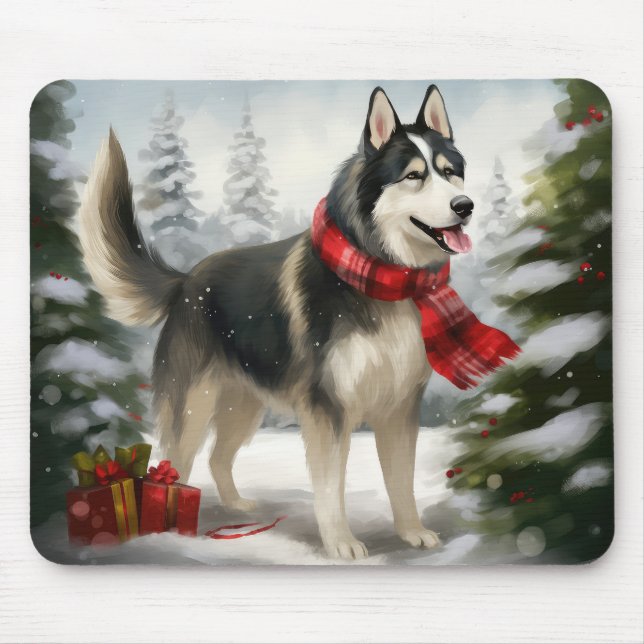 Tapis De Souris Chien sibérien Husky à Noël de neige (Devant)