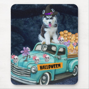 Tapis De Souris Chien sibérien Husky Halloween Camion Effrayant nu