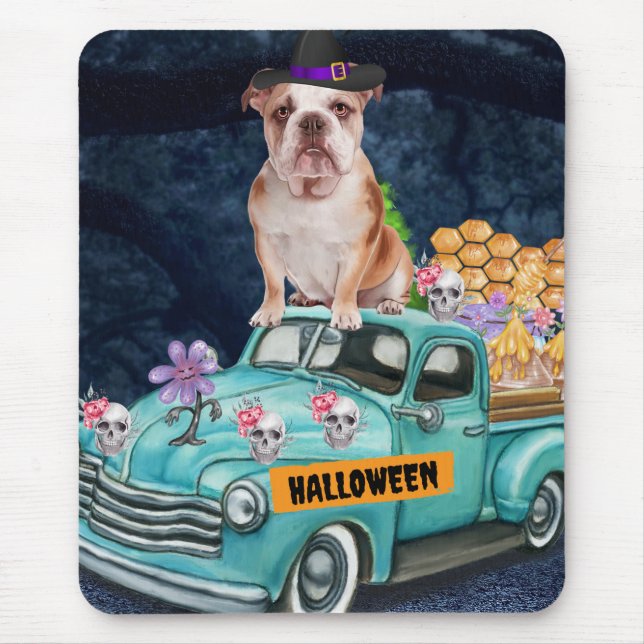 Tapis De Souris Chien-taureau anglais Halloween Truck nuit d'effro (Devant)