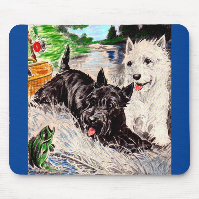 Tapis De Souris Chiens écossais Blackie et Whitie Fishing (Devant)