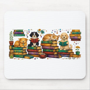 Tapis De Souris Chiens lisant des livres Scène de bibliothèque cos