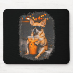 Tapis De Souris Chihuahua avec des lunettes buvant du café glacé c