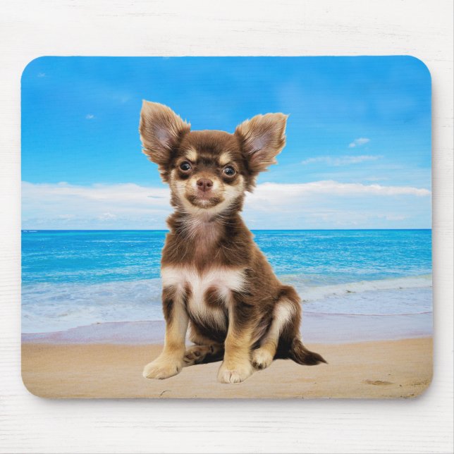 Tapis De Souris Chihuahua Chig assis sur la plage tropicale (Devant)