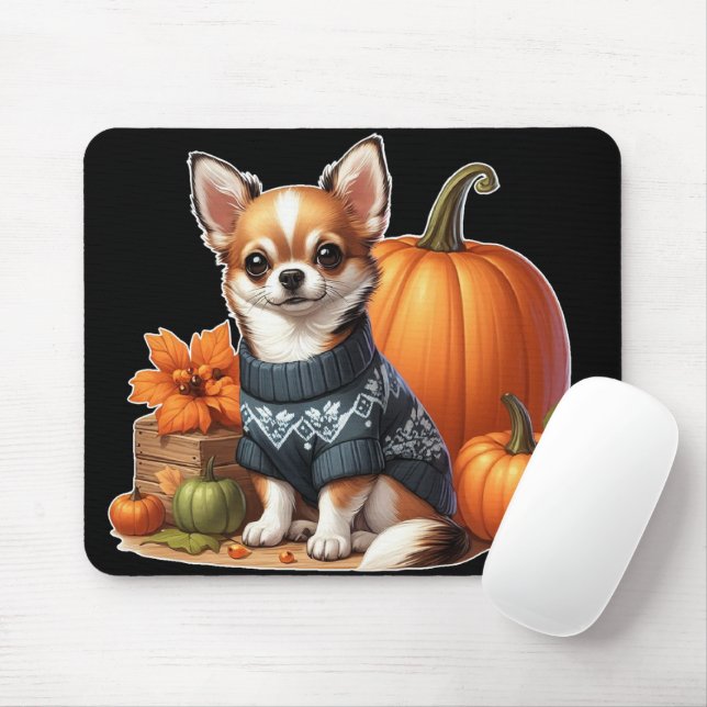Tapis De Souris Chihuahua mignon en pull avec des citrouilles  (Avec souris)