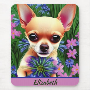 Tapis De Souris Chihuahua Puppy dans la prairie de fleurs Personna