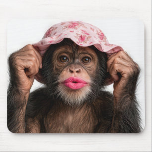 Tapis De Souris Chimpanzé portant du rouge à lèvres rose