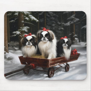 Tapis De Souris Chin Japonais Traîneau enneigé Décor de Noël