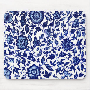 Tapis De Souris Chinois bleu marine foncé motif floral sur blanc