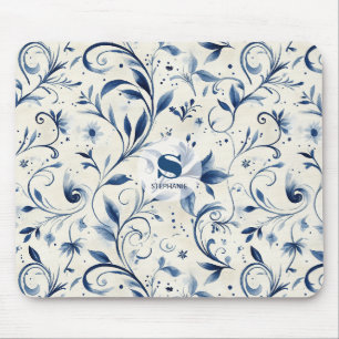 Tapis De Souris Chinoiserie Aquarelle Bleue Vigne & Fleur