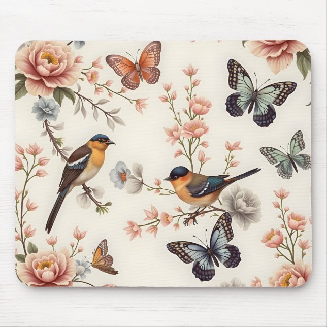 Tapis De Souris Chinoiserie Harmonie des oiseaux et des papillons (Devant)