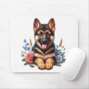 Tapis De Souris Chiot allemand jouant avec fleurs