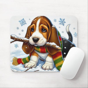 Tapis De Souris Chiot Basset Hound dans la neige avec écharpe et b