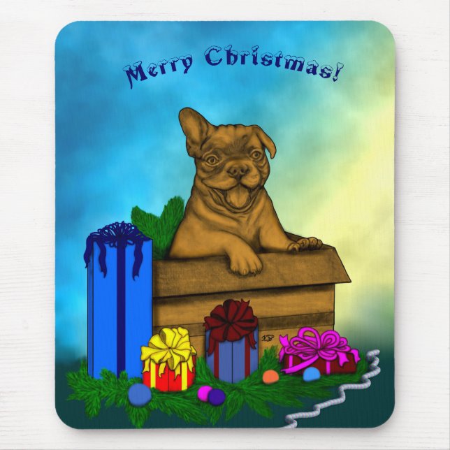 Tapis De Souris Chiot dans une boîte, Joyeux Noël (Devant)