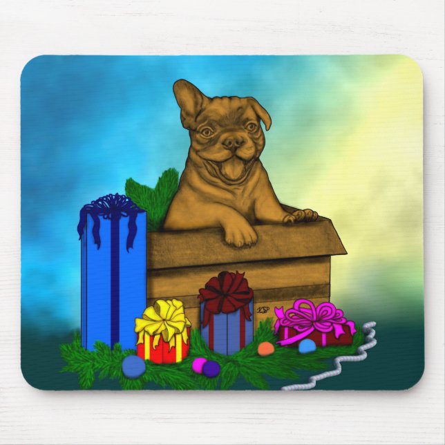 Tapis De Souris Chiot dans une boîte, Joyeux Noël (Devant)