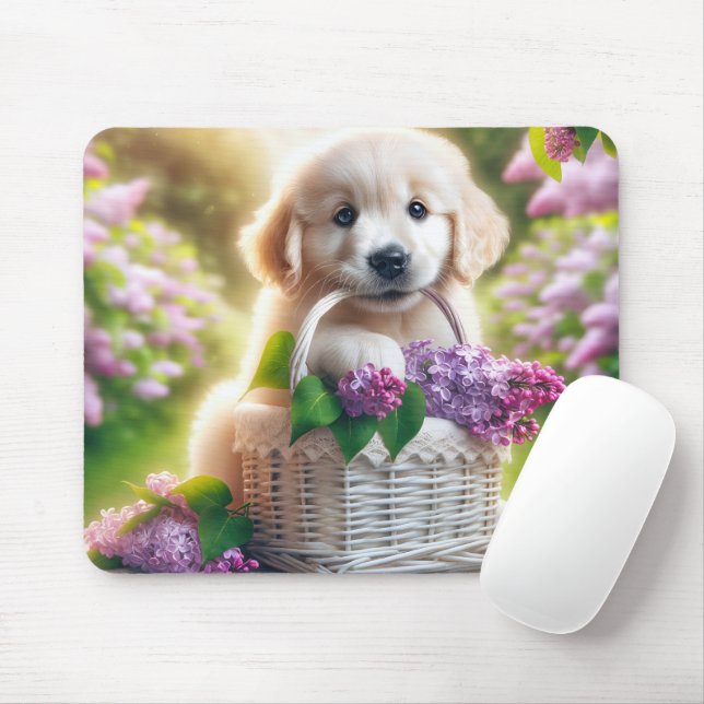 Tapis De Souris Chiot De Retriever Doré Avec Panier Lilac (Avec souris)