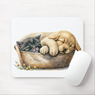 Tapis De Souris Chiot Et Chaton Dans Le Panier