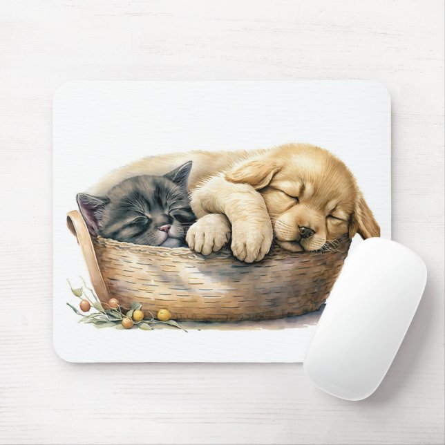 Tapis De Souris Chiot Et Chaton Dans Le Panier (Avec souris)