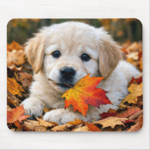 Tapis De Souris Chiot Golden Retriever avec feuille d'automne