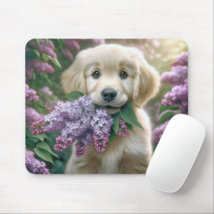 Tapis De Souris Chiot Golden Retriever avec Lilac Bunch