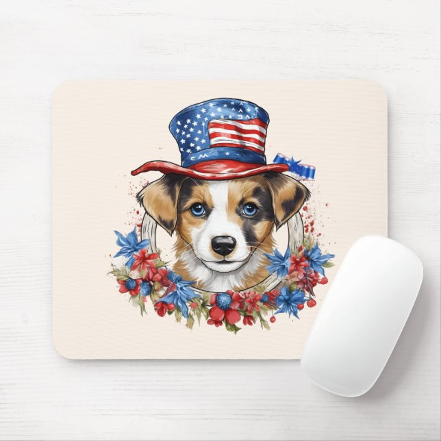 Tapis De Souris Chiot patriotique 4 juillet fête de l'indépendance (Avec souris)