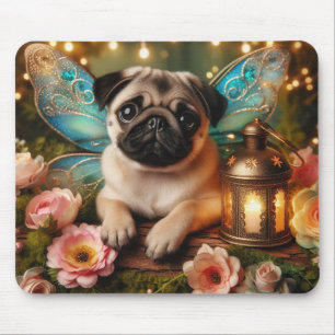 Tapis de souris chiot pug aux ailes de fée avec fl