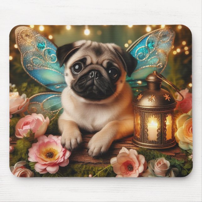 Tapis de souris chiot pug aux ailes de fée avec fl (Devant)