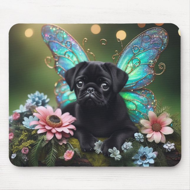 Tapis de souris chiot pug féerique en fleurs (Devant)