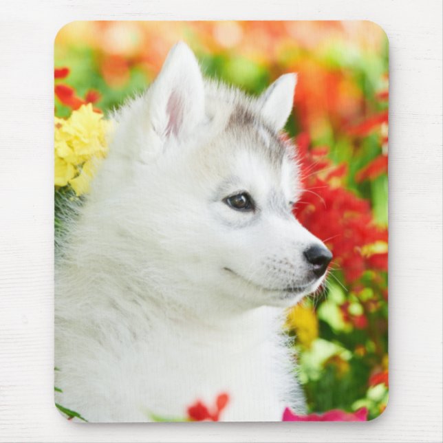 Tapis De Souris Chiot sibérien Husky en fleurs Mousepad (Devant)