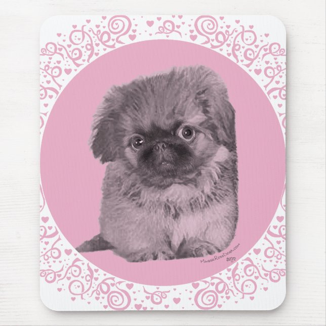 Tapis De Souris Chiots Pékinois en Rose (Devant)