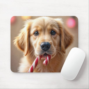 Tapis De Souris Chiots Retriever Doré Avec un Bâton de Bonbon