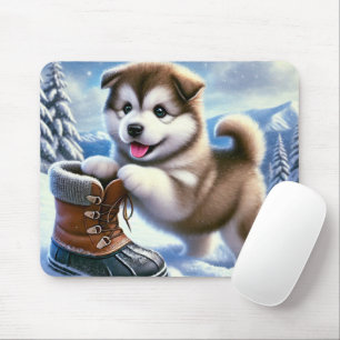 Tapis De Souris Chou Husky Jouer dans le paysage hivernal enneigé
