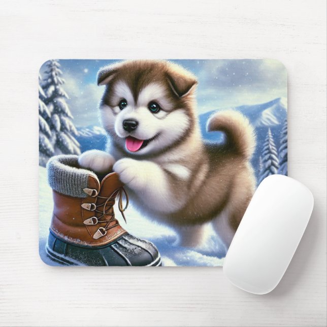 Tapis De Souris Chou Husky Jouer dans le paysage hivernal enneigé (Avec souris)